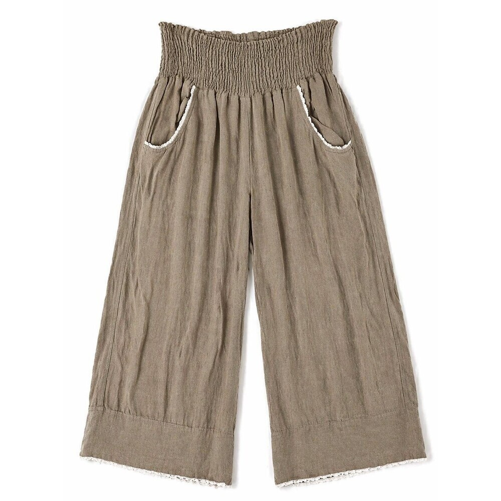 Namsar Linen Smocked Parallel Pants Size Large XL Relaxed Fit Lagenlook Oatmeal